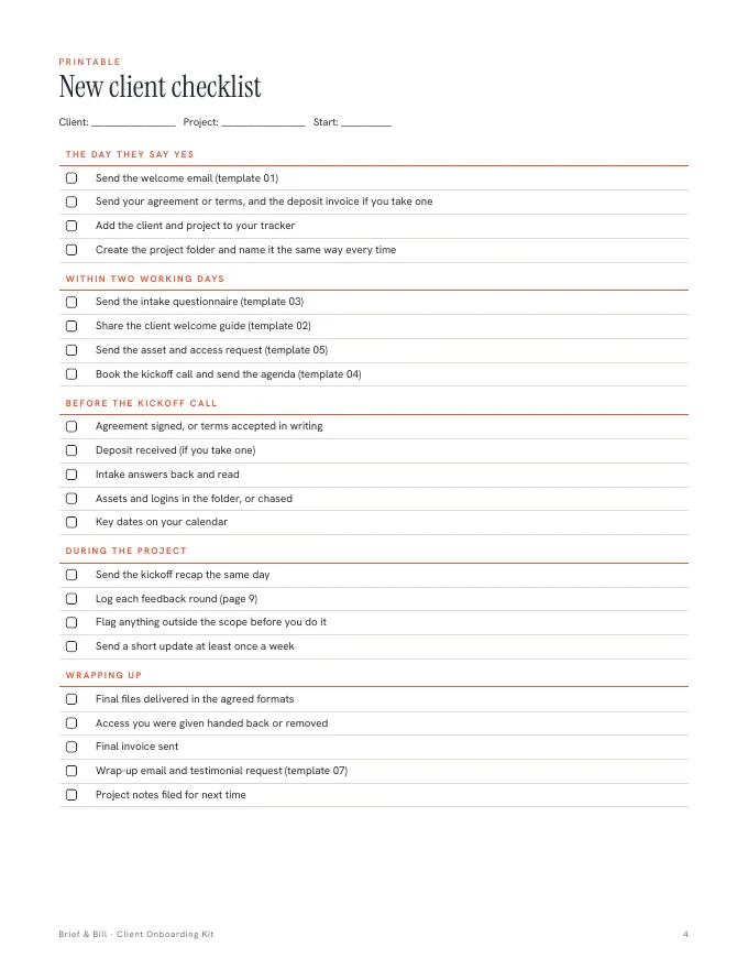Inside pages of the Client Onboarding Kit