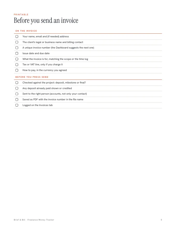 Inside pages of the Freelance Money Tracker