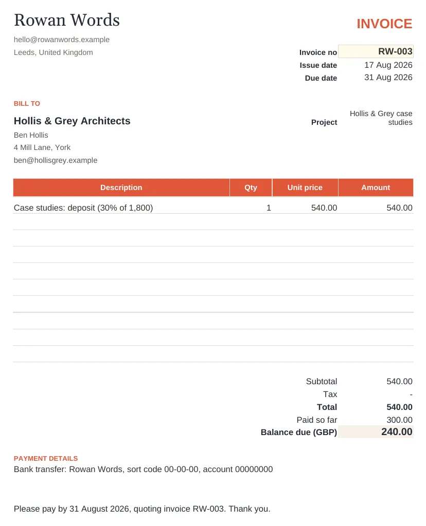 Invoice tab of the Freelance Money Tracker spreadsheet