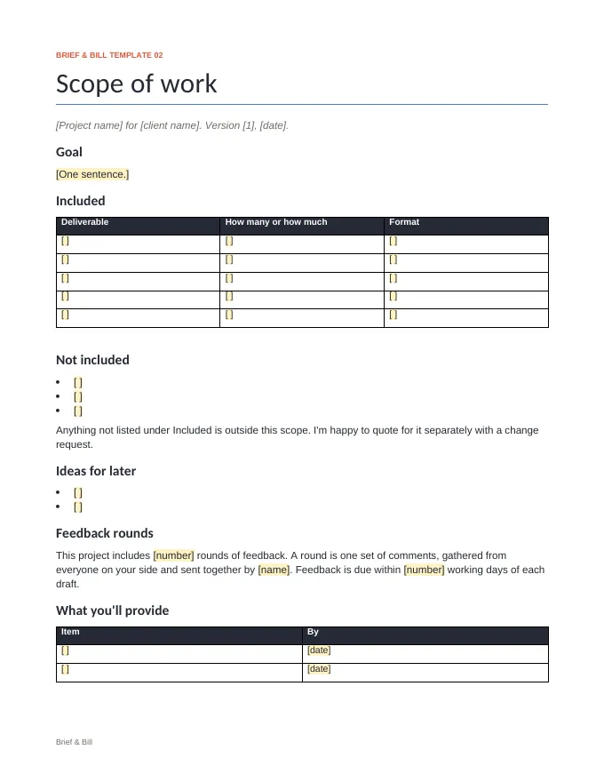 Scope document from the Proposal and Scope Templates