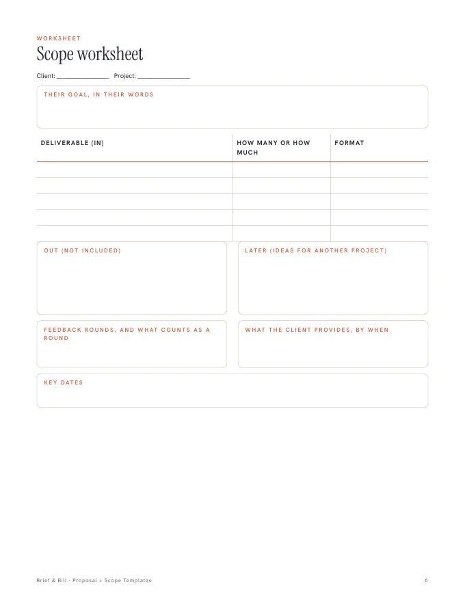 Inside pages of the Proposal and Scope Templates